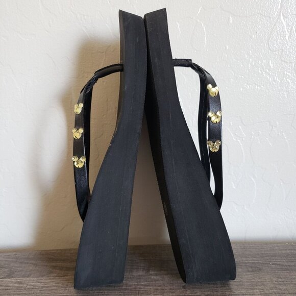 Disney Mickey Mouse Gem Flip Flop Wedge Sandals Black Sz Women's 10 Faux Leather - Picture 6 of 10